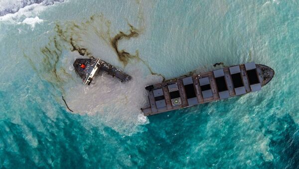 El desastroso derrame de petróleo en la costa de Mauricio, visto desde el aire

 - Sputnik Mundo