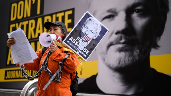 Сторонница Джулиана Ассанжа на митинге против экстрадиции Джулиана Ассанжа в Лондоне, Великобритания - Sputnik Mundo