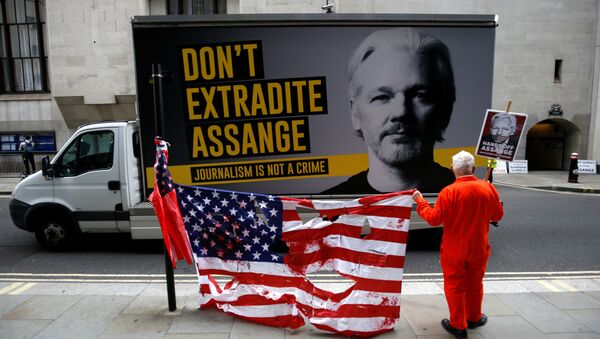 Un manifestante sostiene una bandera rota de EEUU al lado de un cartel en contra de la extradición del fundador de WikiLeaks, Julian Assange  - Sputnik Mundo