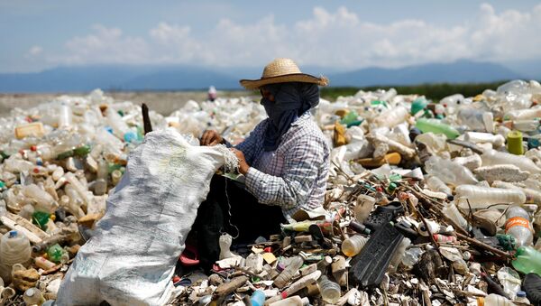 Empleados recopilan la basura en la cuenca del río Motagua en El Quetzalito, Guatemala. - Sputnik Mundo