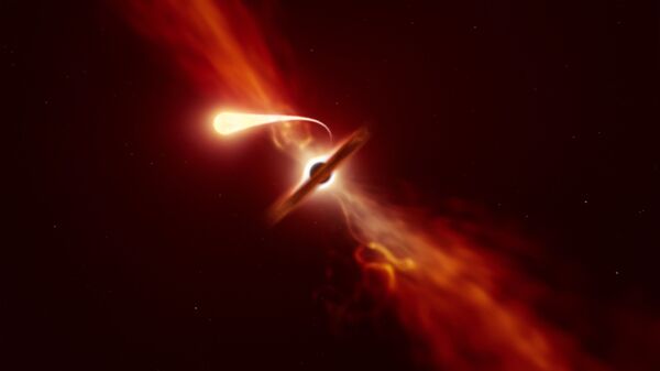 Imagen ilustrativa de un agujero negro supermasivo que devora a una estrella - Sputnik Mundo