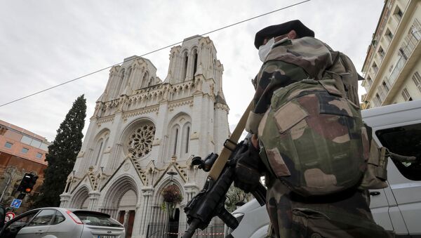 Un solado cerca de la catedral de Notre Dame tras el ataque con cuchillo en Niza, Francia - Sputnik Mundo