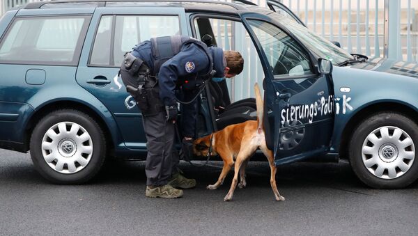 Un policía registrando el coche que chocó contra la oficina de Merkel - Sputnik Mundo