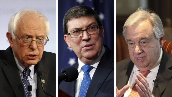 De derecha a izquierda: Bernie Sanders, Bruno Rodríguez, Antonio Guterres - Sputnik Mundo