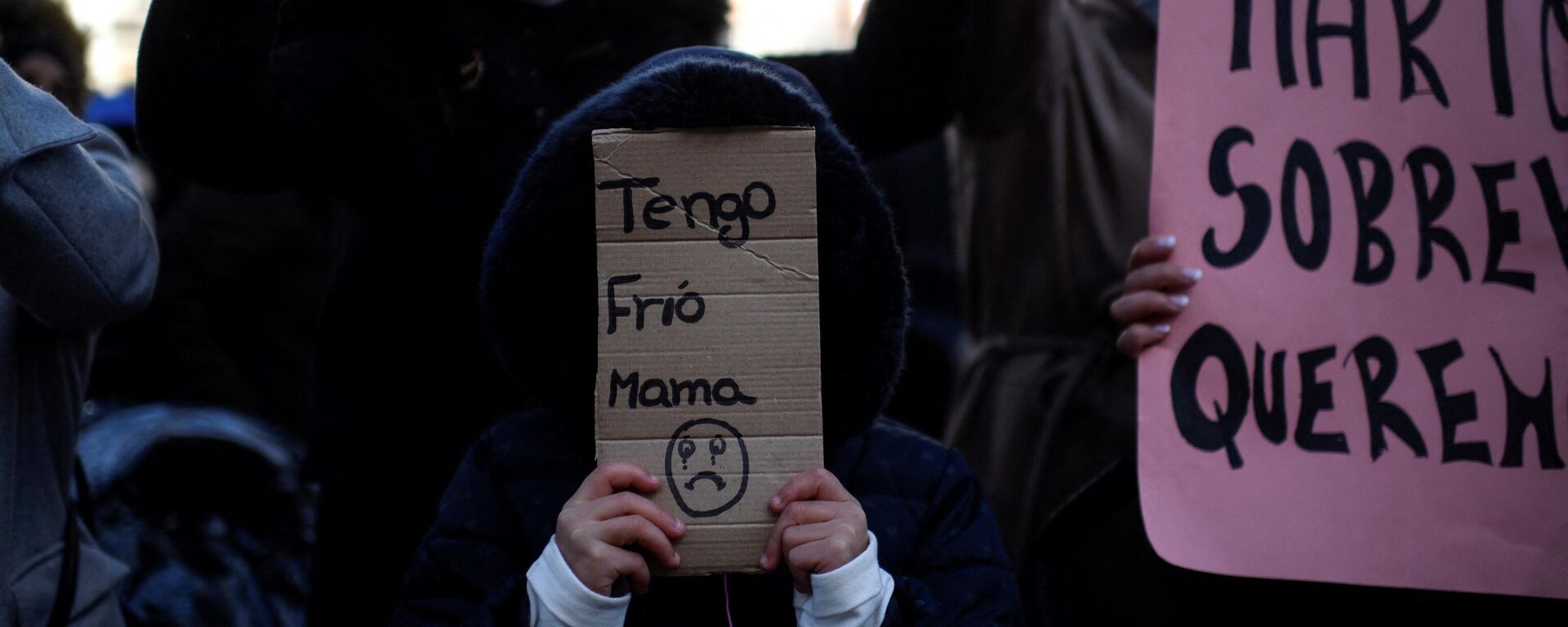 Una niña lleva un cartón que dice Tengo frío, mamá durante una manifestación contra los cortes de luz frente a la sede del gobierno regional en Madrid. 3 de diciembre de 2020. - Sputnik Mundo, 1920, 16.02.2021