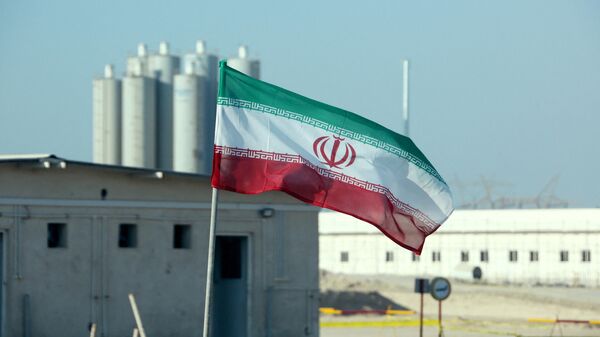 La bandera de Irán frente a una planta nuclear (archivo) - Sputnik Mundo