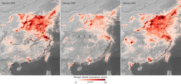 Nitrógeno sobre China en febrero de 2019, febrero de 2020 y febrero de 2021 - Sputnik Mundo