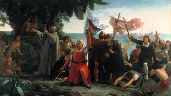 Primer desembarco de Cristóbal Colón en América (Dióscoro Puebla, 1862) - Sputnik Mundo