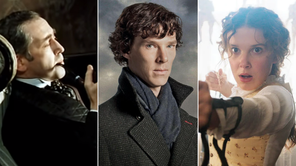 El detective Sherlock Holmes interpretado por Vasili Livanov y Benedict Cumberbatch / Millie Bobby Brown en el papel de Enola Holmes - Sputnik Mundo
