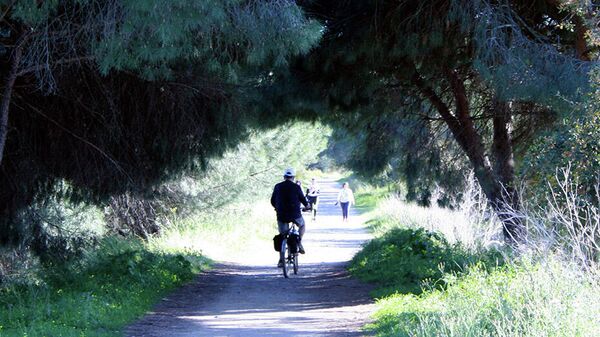Un ciclista y una pareja de caminantes en una cicloturística de la Sierra de Huelva - Sputnik Mundo