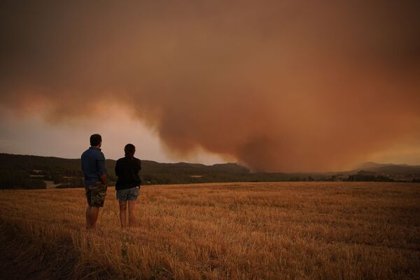 Unos lugareños observan un incendio forestal cerca de Tarragona, en Cataluña (España). - Sputnik Mundo