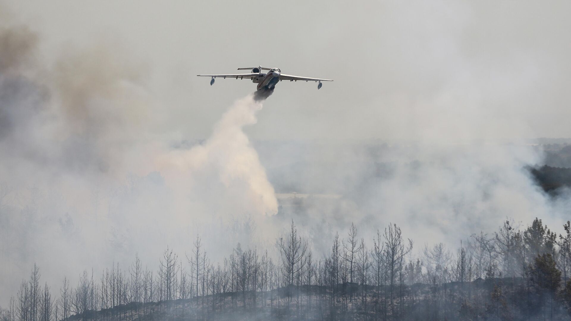 Un avión de bomberos arroja agua sobre un incendio forestal cerca de la ciudad de Manavgat, al este de la ciudad turística de Antalya, Turquía, el 31 de julio de 2021 - Sputnik Mundo, 1920, 12.08.2021