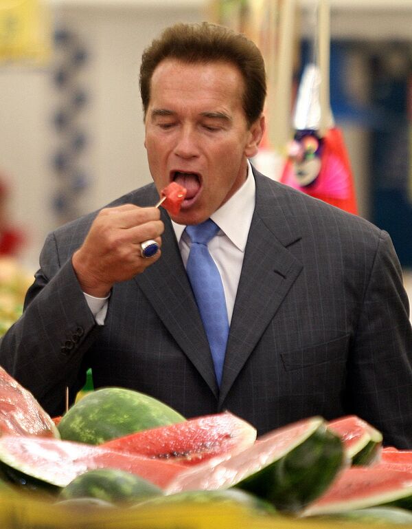El exgobernador de California Arnold Schwarzenegger degusta una sandía importada de EEUU en un mercado mexicano. - Sputnik Mundo