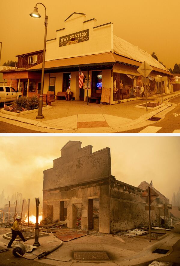 El bar The Way Station el 23 de julio de 2021 (arriba) y sus ruinas tras el incendio de Dixie (abajo) el 4 de agosto de 2021, en Greenville, California. El bar The Way Station el 23 de julio de 2021 (arriba) y sus ruinas tras el incendio de Dixie (abajo) el 4 de agosto de 2021, en Greenville, California. - Sputnik Mundo