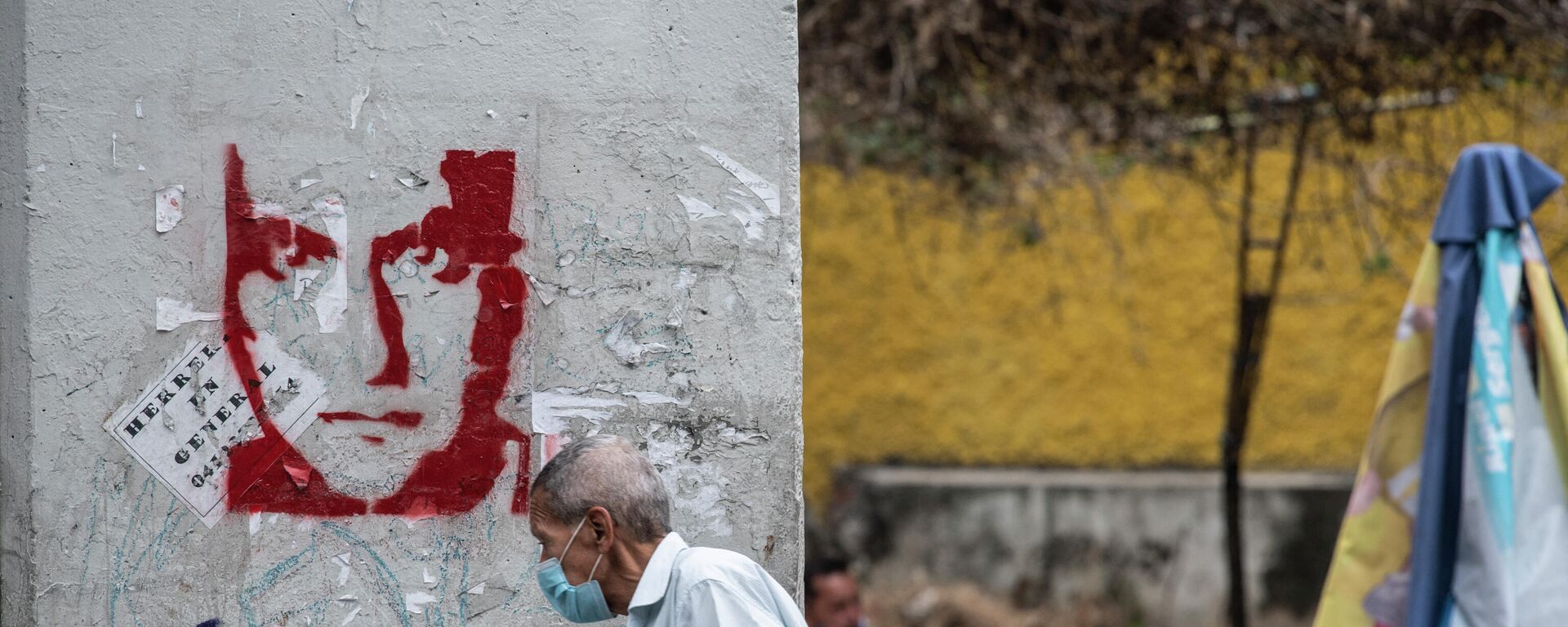 Un hombre camina frente a un graffitti con el rosto de Alex Saab en Caracas, Venezuela - Sputnik Mundo, 1920, 09.09.2021