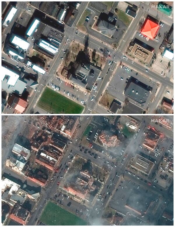 Así se ve desde el satélite antes y después del tornado el juzgado en Mayfield, Kentucky. - Sputnik Mundo