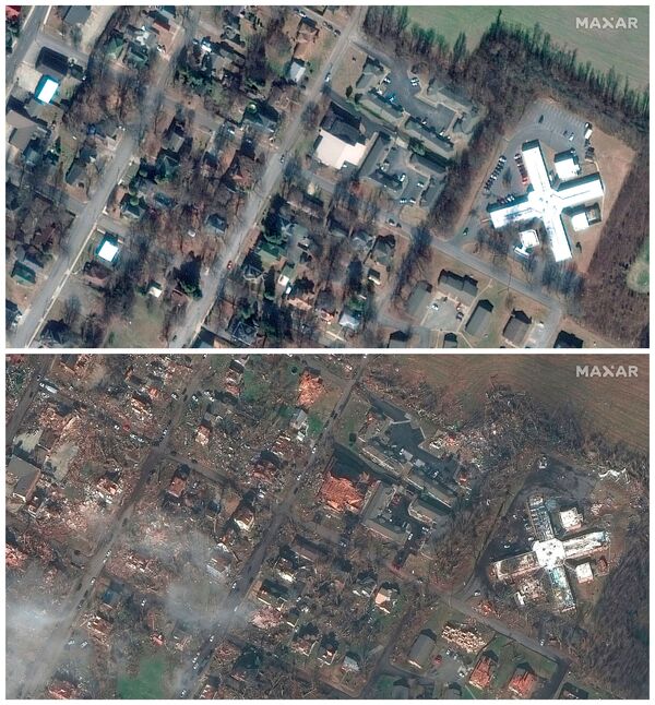 El antes y el después de un área de Mayfield, Kentucky, muestra cómo la inclemencia climática arrasó con esta zona. - Sputnik Mundo
