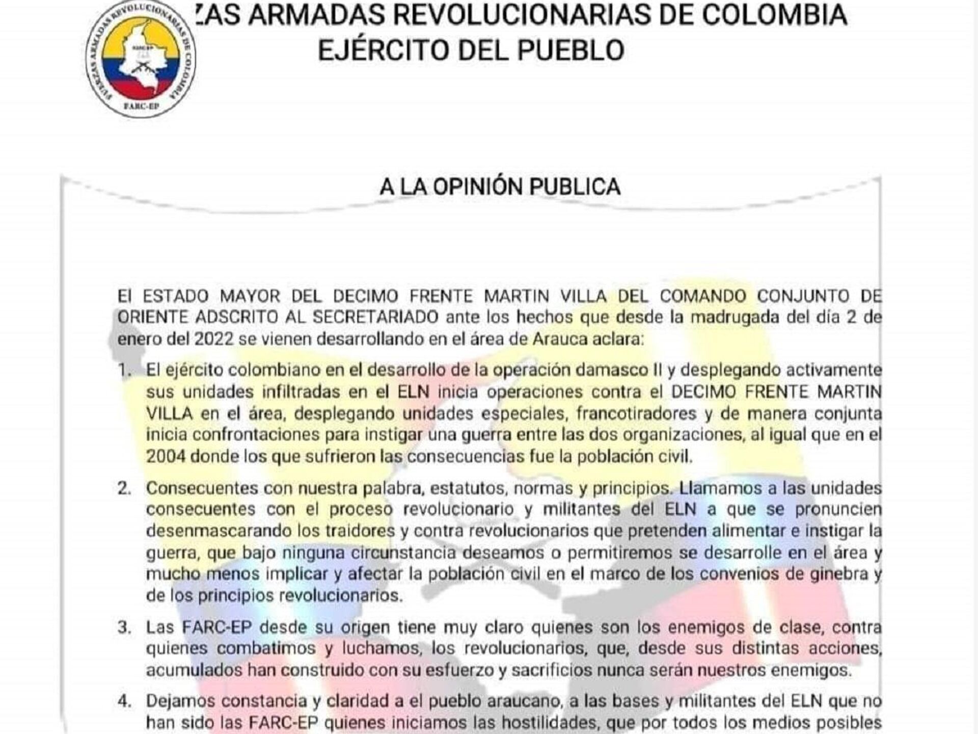 Comunicado de disidencias de las FARC sobre el conflicto en Arauca - Sputnik Mundo, 1920, 04.01.2022
