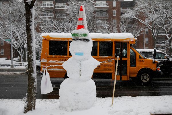 Un muñeco de nieve en medio de una nevada en Brooklyn, Nueva York, EEUU, el 7 de enero de 2021. - Sputnik Mundo