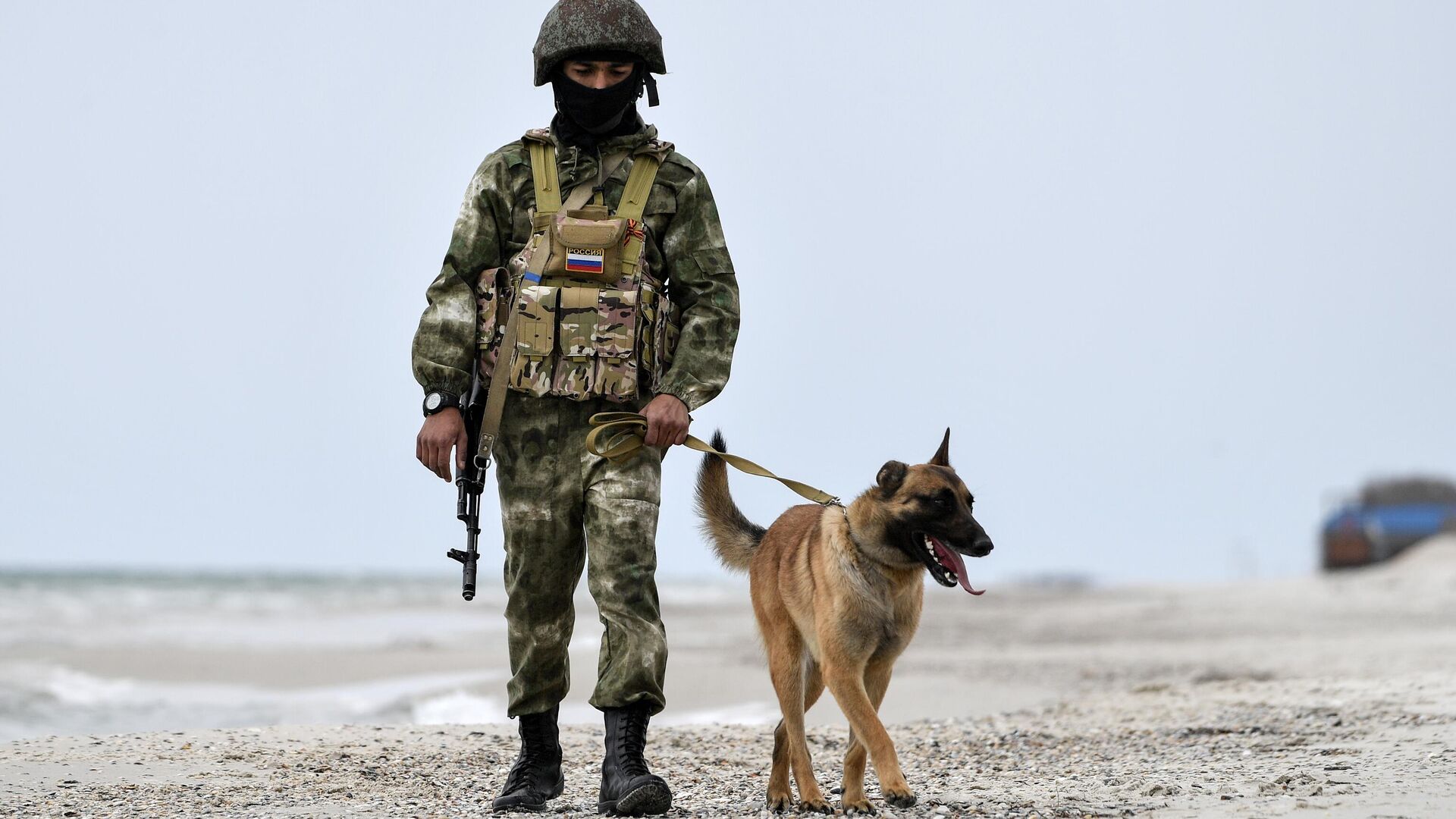 Soldado ruso con un perro patrulla en zona desminada - Sputnik Mundo, 1920, 25.06.2022