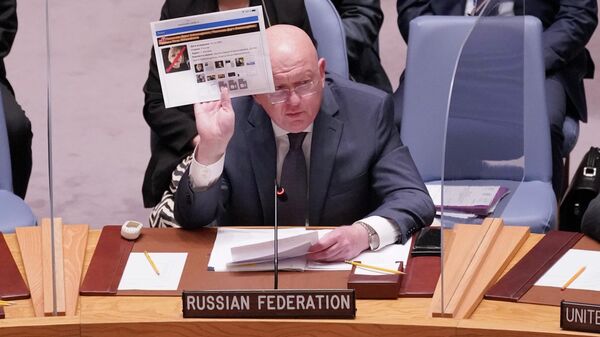 El representante permanente de Rusia ante las Naciones Unidas, Vasili Nebenzia, sostiene una foto de Darya Dugina durante una reunión del Consejo de Seguridad sobre las amenazas a la paz y la seguridad internacionales en la sede de las Naciones Unidas. - Sputnik Mundo