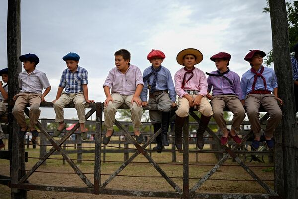 Familias enteras de la capital acuden al festival.En la foto: niños gauchos viendo el concurso de doma en el festival de San Antonio de Areco. - Sputnik Mundo