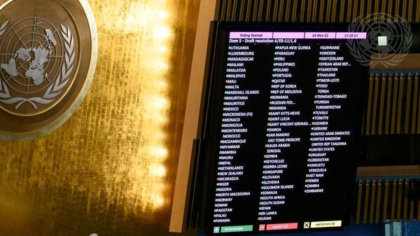 Asamblea General de la ONU donde se votó la resolución para obligar a Rusia a pagar reparaciones a Ucrania  - Sputnik Mundo