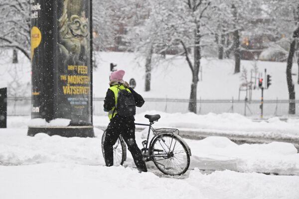 El sur de Suecia registró fuertes nevadas a finales de noviembre.En la foto: una residente de Estocolmo en una calle de la ciudad tras una nevada. - Sputnik Mundo