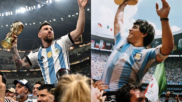 Lionel Messi en Lusail, 2022 y Diego Armando Maradona en Ciudad de México, 1986 - Sputnik Mundo