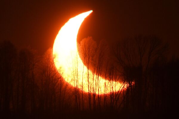 Eclipse solar parcial observado en el atardecer cerca de Novosibirsk, Rusia, el 25 de octubre. - Sputnik Mundo