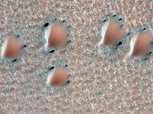 Los paisajes invernales más pintorescos de Marte pueden contemplarse a finales del invierno, cuando el hielo adopta extrañas formas parecidas a arañas, manchas de dálmatas o queso suizo. - Sputnik Mundo