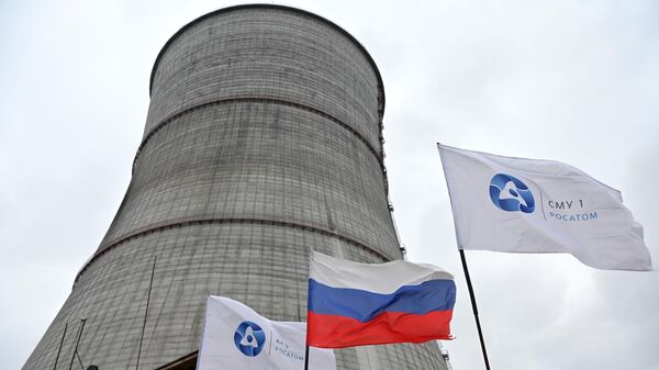 Las banderas de Rusia y Rosatom cerca de la central nuclear en construcción en la ciudad rusa de Kursk - Sputnik Mundo