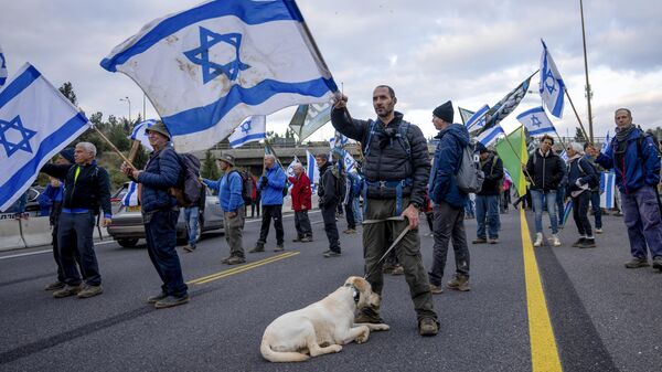 Personas protestan contra los planes del nuevo gobierno del primer ministro, Benjamin Netanyahu, de revisar el sistema judicial, en una autopista de Tel Aviv, el 9 de febrero de 2023  - Sputnik Mundo