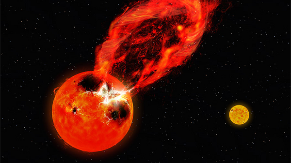 Impresión artística de una llamarada masiva, llamada superllamarada, observada en una de las estrellas en el sistema estelar binario V1355 Orionis. La estrella compañera binaria es visible en el fondo a la derecha. - Sputnik Mundo