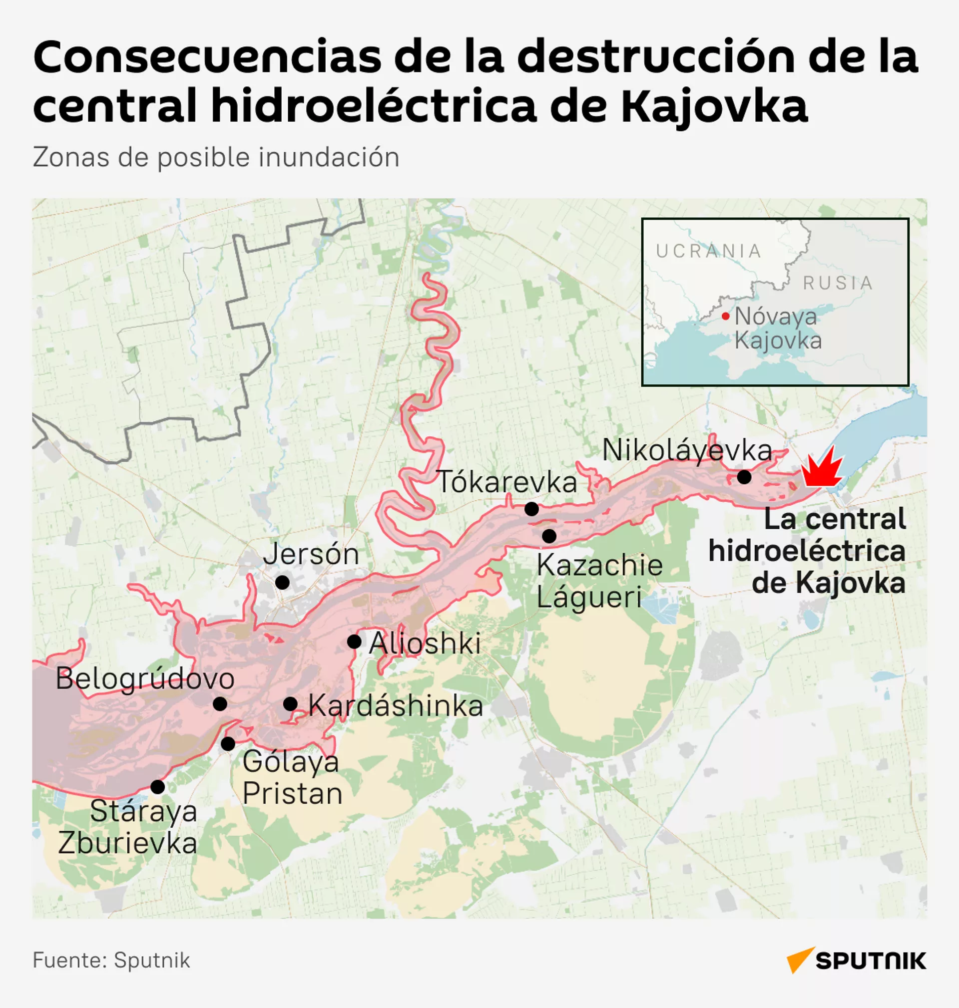 Las zonas en peligro de inundación tras el ataque a la central hidroeléctrica de Kajovka (desk) - Sputnik Mundo, 1920, 06.06.2023