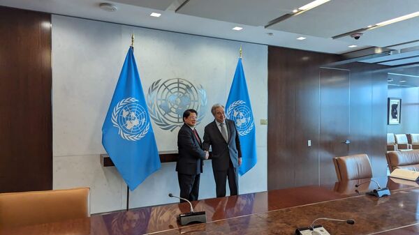 El canciller de Nicaragua Denis Moncada con el Secretario General de la ONU Antonio Guterres  - Sputnik Mundo