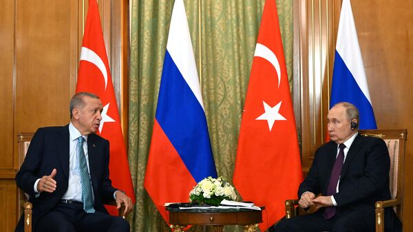 El presidente de Turquía, Recep Tayyip Erdogan, en una reunión con su par ruso, Vladímir Putin - Sputnik Mundo