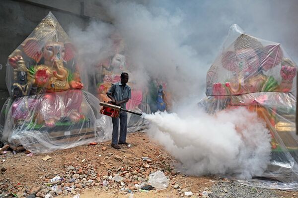Un trabajador municipal fumiga una colonia de viviendas como medida preventiva contra las enfermedades transmitidas por mosquitos del festival Ganesh Chaturthi en Chennai, la India. - Sputnik Mundo