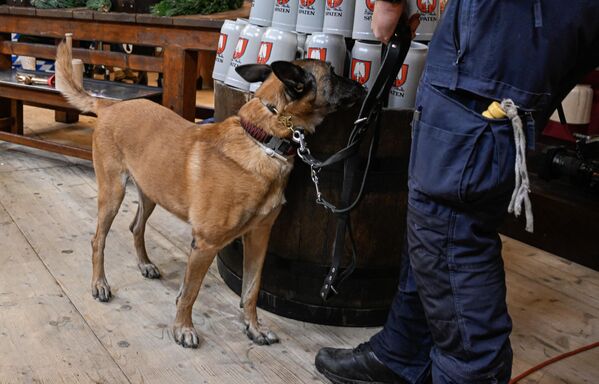 La seguridad en el Oktoberfest es responsabilidad de la Policía bávara, que mantiene una unidad especial con hasta 300 agentes en el centro de servicios.En la foto: un policía y su perro controlan la zona durante la inauguración de la fiesta.  - Sputnik Mundo