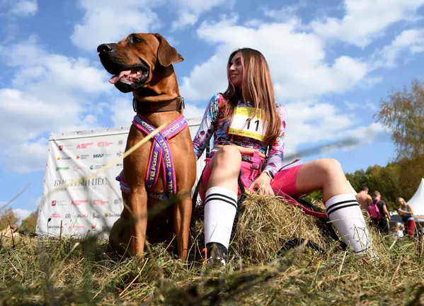 Una participante de la carrera Perro veloz con su mascota antes de comenzar el evento en el parque natural-histórico Bosque de Bítsevski en Moscú, Rusia. Una participante de la carrera Perro veloz con su mascota antes de comenzar el evento en el parque natural-histórico Bosque de Bítsevski en Moscú, Rusia. - Sputnik Mundo