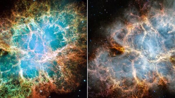 Imagenes de la nebulosa del Cangrejo del telescopio espacial Hubble (izquierda) y del telescopio espacial James Webb (derecha) - Sputnik Mundo