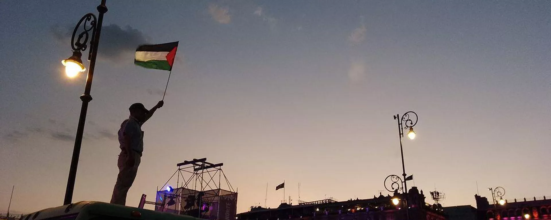 Un manifestante ondea una bandera de Palestina en el Zócalo capitalino de la Ciudad de México durante la marcha de apoyo a Gaza del 5 de noviembre de 2023 - Sputnik Mundo, 1920, 07.11.2023