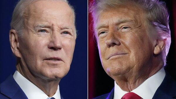 El presidente Joe Biden habla el 10 de agosto de 2023 en Salt Lake City, a la izquierda, y el ex presidente Donald Trump habla el 8 de julio de 2023 en Las Vegas. - Sputnik Mundo