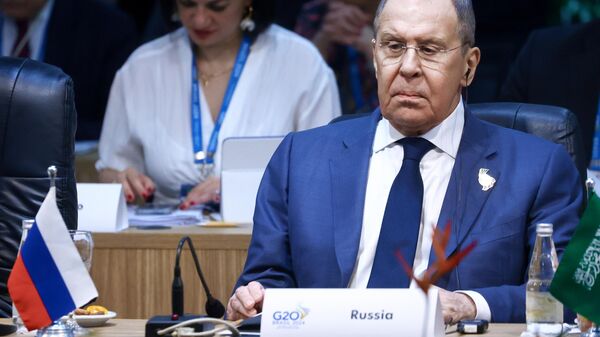 El ministro de Exteriores ruso, Serguéi Lavrov, durante la reunión de los jefes de Exteriores de los países del Grupo de los Veinte (G20) - Sputnik Mundo