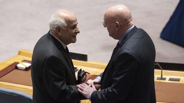 El embajador palestino ante la ONU, Riyad Manso y el representante ruso ante la ONU, Vasili Nebenzia - Sputnik Mundo