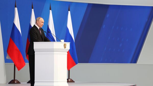 Vladímir Putin, presidente ruso, durante el mensaje a la Asamblea Federal de Rusia, el 29 de febrero de 2024  - Sputnik Mundo