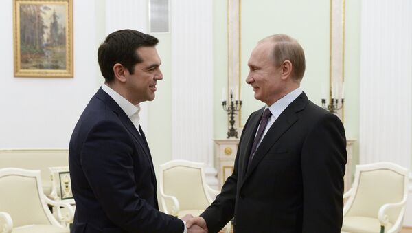 Alexis Tsipras y Vladímir Putin en la reunión en Moscú - Sputnik Mundo