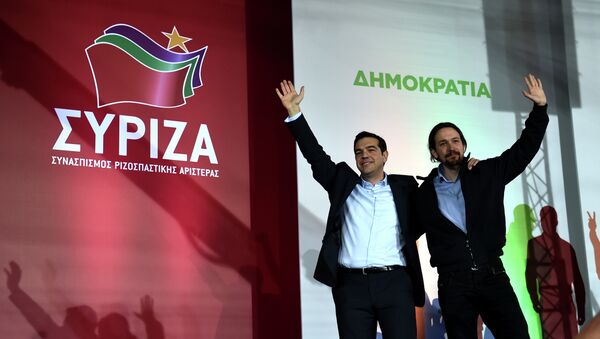 Alexis Tsipras y Pablo Iglesias en Atenas, 22 de enero de 2015 - Sputnik Mundo