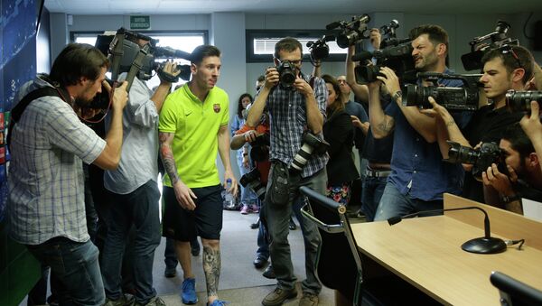 Leo Messi en la rueda de prensa previa al Barça-Bayern de la Champions - Sputnik Mundo