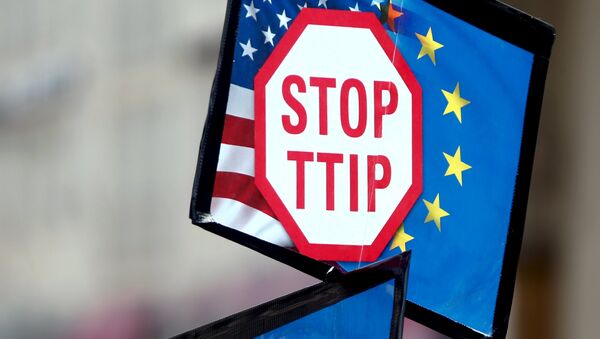 A protester holds signs during a demonstration against the Transatlantic Trade and Investment Partnership (TTIP), a proposed free trade agreement between the European Union and the United States, in Munich April 18, 2015. - Sputnik Mundo